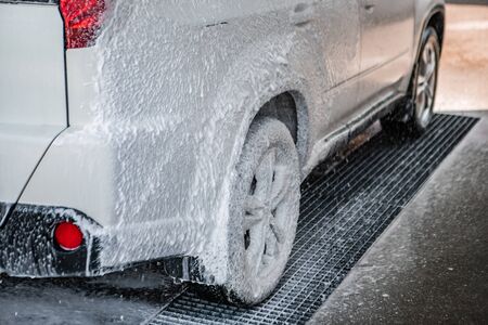 carwash concept car in foam copy spaceの写真素材
