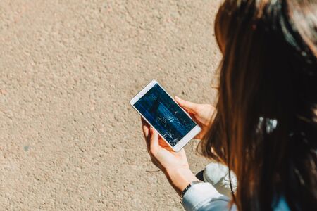 hands holding phone with broken cracked screen. gadgets insuranceの写真素材