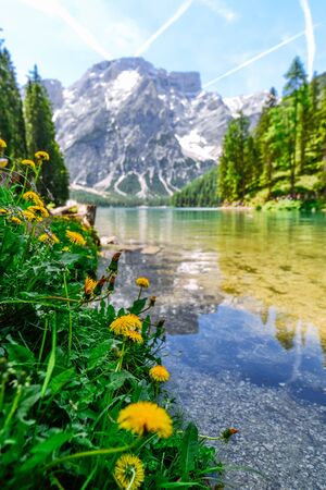 landscape view of lake in mountains italy dolomitesの写真素材