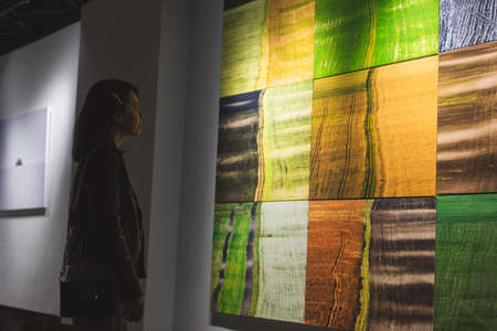 Lviv, Ukraine - May 11, 2019: woman looking at art picture in museum. modernのeditorial素材