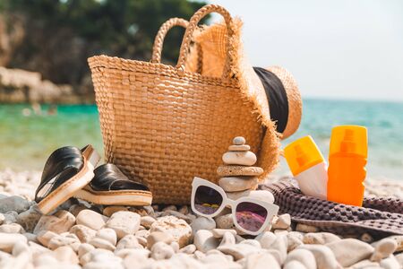 rocks in balance at sea beach copy space summer timeの写真素材