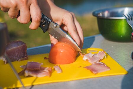 cooking food at fresh air. camping concept. lifestyle conceptの写真素材