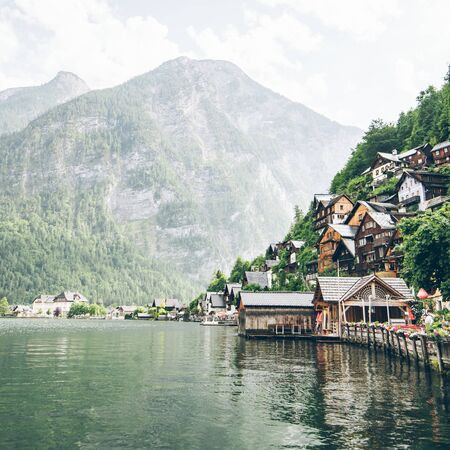 landscape view of hallstatt city in austrian alps summer timeの写真素材