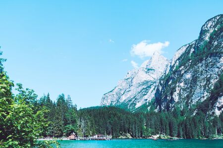 view of braies lake in alps mountains. backgroundの写真素材