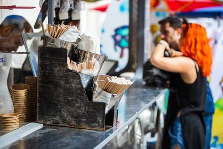 view of disposable sticks with spoons close up.の写真素材