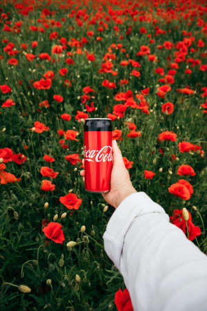 Lviv, Ukraine - June 11, 2020: coca cola metal can in hand red poppy flowers on background