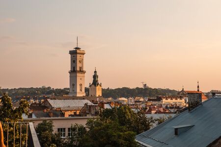 panoramic cityscape view of sunset over Lviv city in Ukraineの写真素材