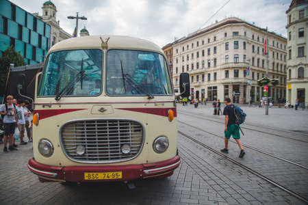 Brno, Czech Republic - June 16, 2019: old retro bus at central square copy spaceのeditorial素材