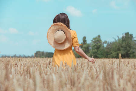 woman in yellow sundress walking by wheat field. summer timeの写真素材
