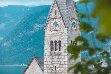 bell tower close up hallstatt austria copy space