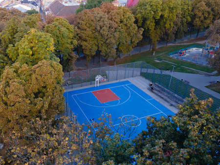 aerial top view of basketball court copy space