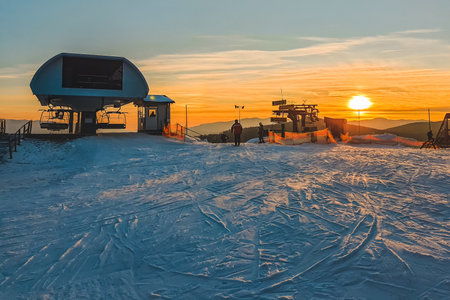 sunset on the top of ski hill copy spaceの写真素材