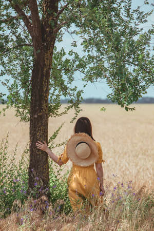 woman in yellow sundress walking by wheat field. summer time