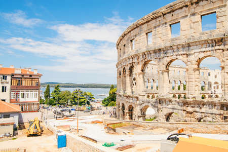 view of coliseum in Pula, Croatia. copy space. landmark