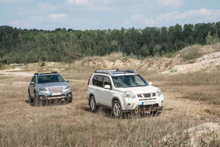 two suv cars car sand forest on background. summer sunny day
