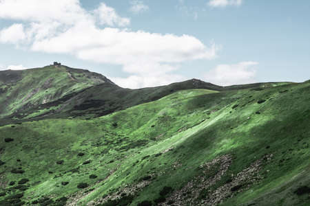 view of mountains range path leading to observatory on the top. copy space
