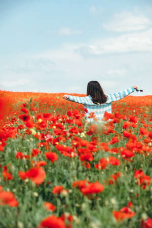 young pretty woman enjoying life. standing in the middle of the filed with poppy flowers. rear view. one personの写真素材