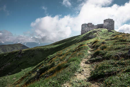 view of old observatory at carpathian mountain peak. copy spaceの写真素材
