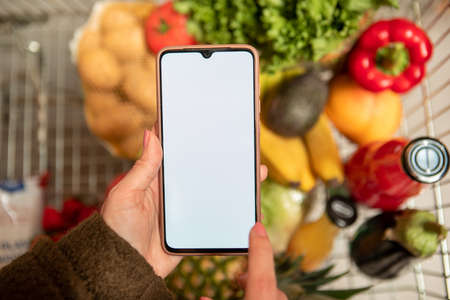 hand holding phone with white screen copy space in grocery shopping cart with fruits and vegetables...
