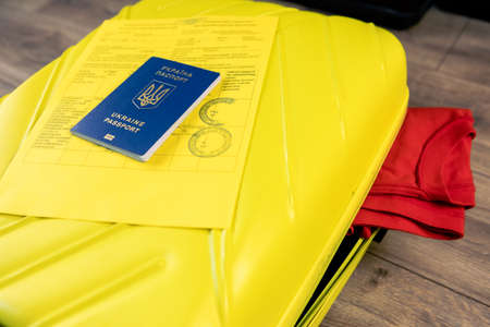 ukraine covid passport vaccination at bags with stuffの写真素材