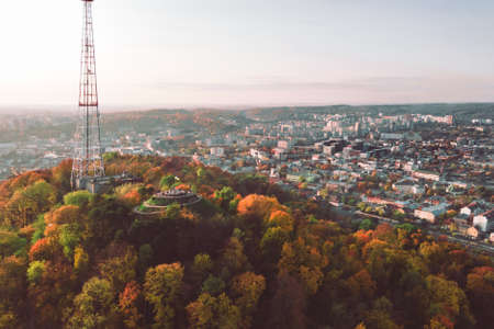 aerial view of observation desk public park above autumn city copy spaceの写真素材