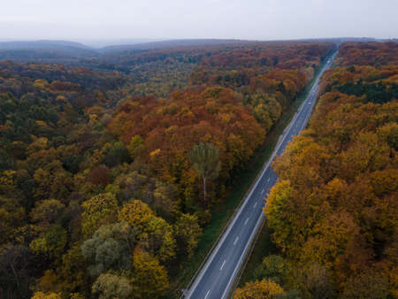 aerial view of autumn highway copy spaceの写真素材
