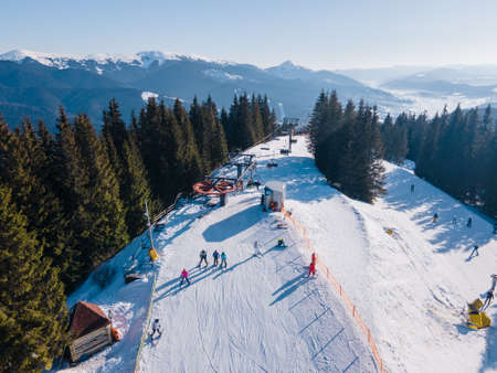 aerial view of ski resort with slopes copy spaceの写真素材