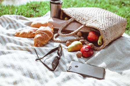 picnic at river beach autumn sunny day copy spaceの写真素材