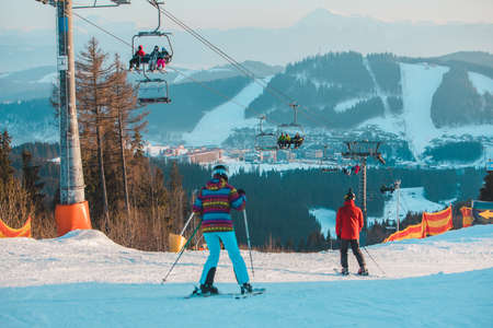 Bukovel, February 23, 2021: winter ski resort skiing and snowboardingの写真素材