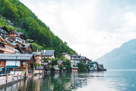 hallstatt city quay with beautiful view of lake and alpine range copy spaceの写真素材