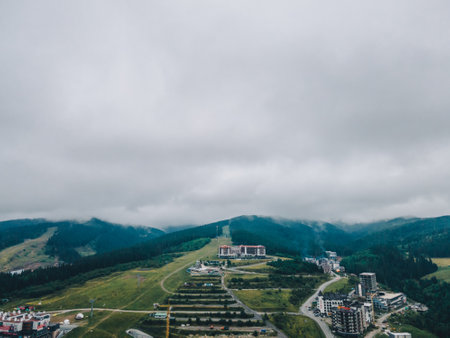panoramic view of bukovel in Ukrainian carpathian mountains. copy spaceの写真素材