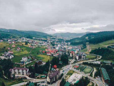 panoramic view of bukovel in Ukrainian carpathian mountains. copy spaceの写真素材