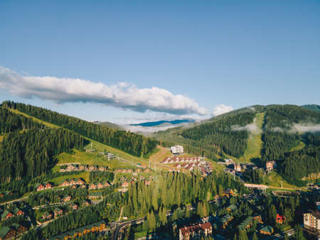 panoramic view of bukovel in Ukrainian carpathian mountains. copy spaceの写真素材