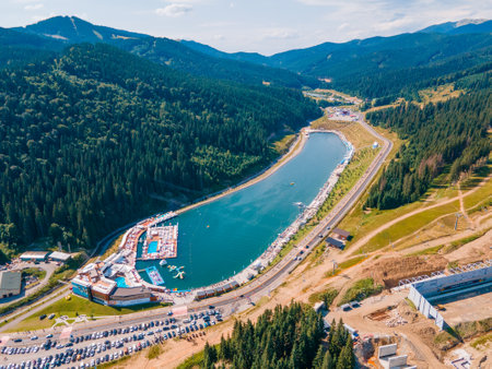 aerial view of summer mountains range bukovel lake copy spaceの写真素材