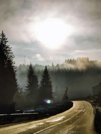 view of road in mountains misty weather copy spaceの写真素材