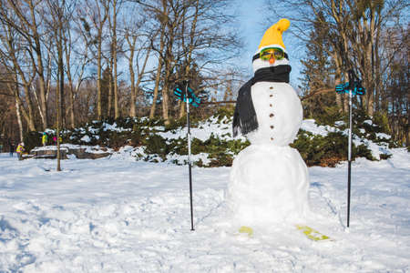snow man with ski goggles close upの写真素材