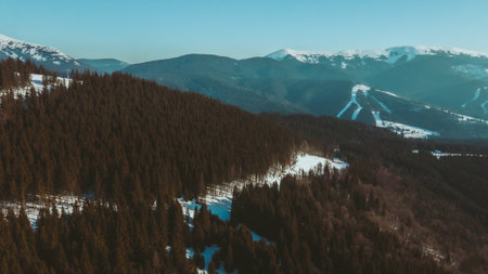 aerial view of ski resort with slopes copy space