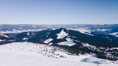 panoramic view of winter snowed mountains beauty in nature. copy space