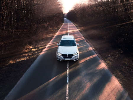 overhead top view of the car going by highway copy spaceの写真素材