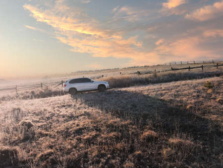 overhead top view of the suv car going by trail road copy spaceの写真素材