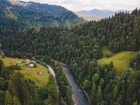 aerial view of carpathian mountains with river summer time