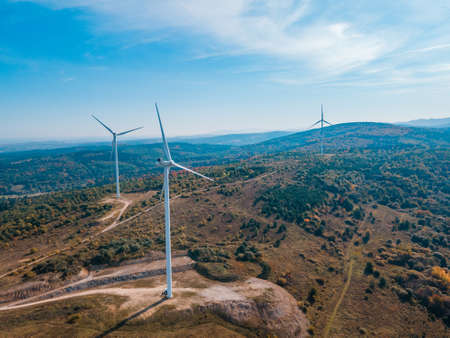 aerial view of wind turbine electricity plant green energy