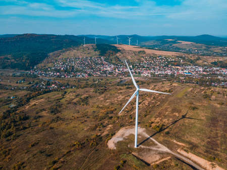 aerial view of wind turbine electricity plant green energy