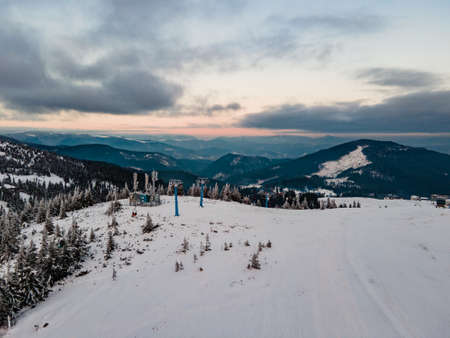 aerial sunset view above ski resort copy spaceの写真素材