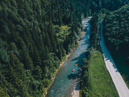 mountains river rafting extreme attraction summertime. copy space. overhead viewの写真素材