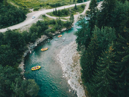 mountains river rafting extreme attraction summertime. copy space. overhead viewの写真素材
