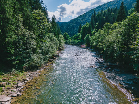 mountains river landscape from above summertime copy space