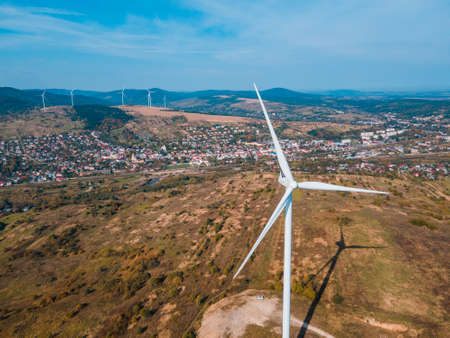 aerial view of wind turbine electricity plantの写真素材