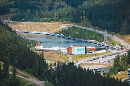 panoramic view of bukovel in Ukrainian carpathian mountains. copy space