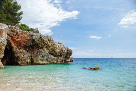 view of sea rocky beach. summer vacation. copy space